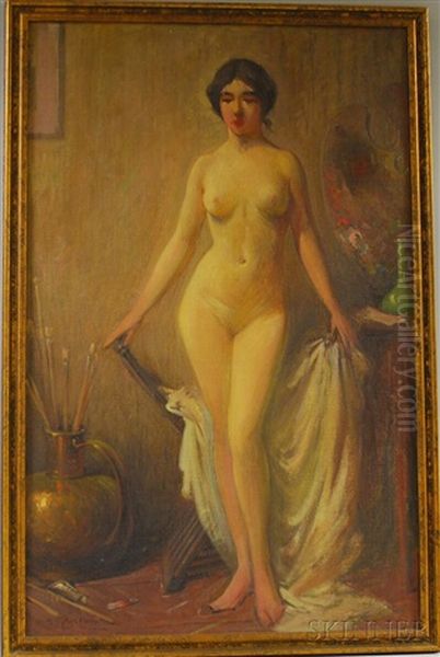 Standing Nude In A Studio Interior Oil Painting by Herbert Cyrus Farnum