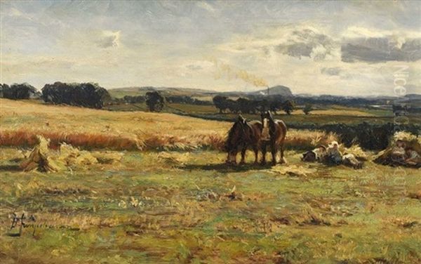 Horses In Field, With Farm Workers Resting Oil Painting by David Farquharson