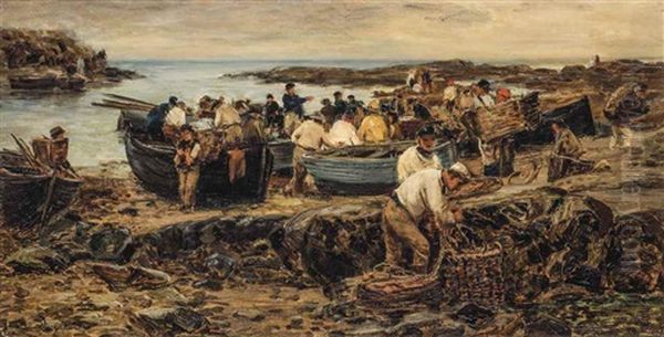 Fishermen On A Beach Unloading Their Catch Oil Painting by David Farquharson