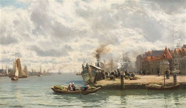 A Busy Harbour Scene Oil Painting by David Farquharson