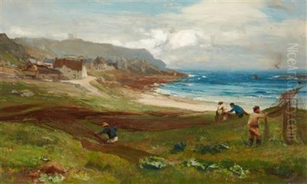 Drying The Nets, Sennen Cove, Cornwall Oil Painting by David Farquharson