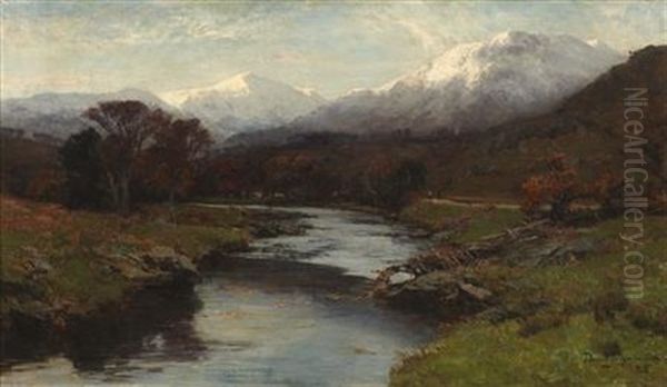 A River Landscape With Distant Snowy Peaks Oil Painting by David Farquharson