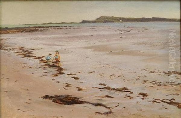 Two Children Playing On The Beach Oil Painting by David Farquharson