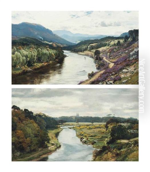 Fishing Pool On The Dee And Bridge Of Dee, With St. Machar's Beyond (pair) Oil Painting by David Farquharson