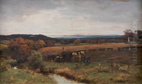 Picking Potatoes, A Town Beyond (ayr ?) Oil Painting by David Farquharson