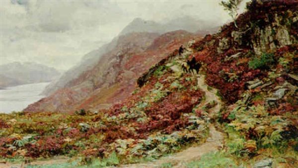 A Shooting Party On A Path Above A Loch Oil Painting by David Farquharson