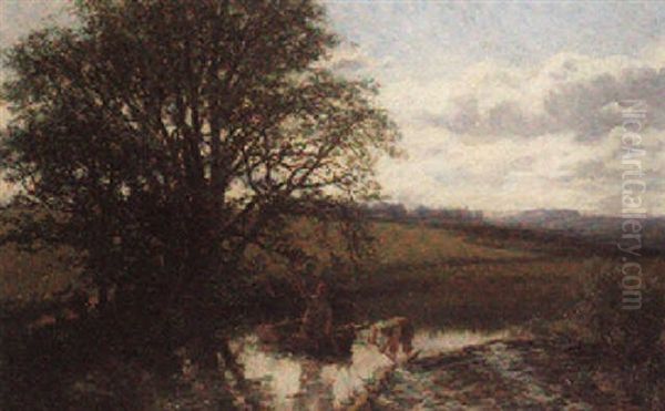 Meadow Scene, At Carsie Bridge, Near Blairgowrie Oil Painting by David Farquharson