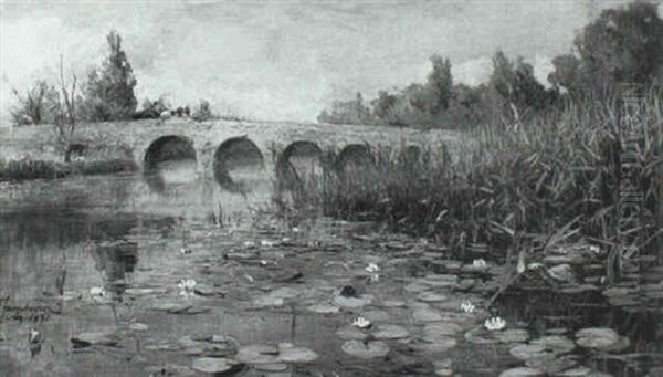 Waterlillies By A Bridge Oil Painting by David Farquharson