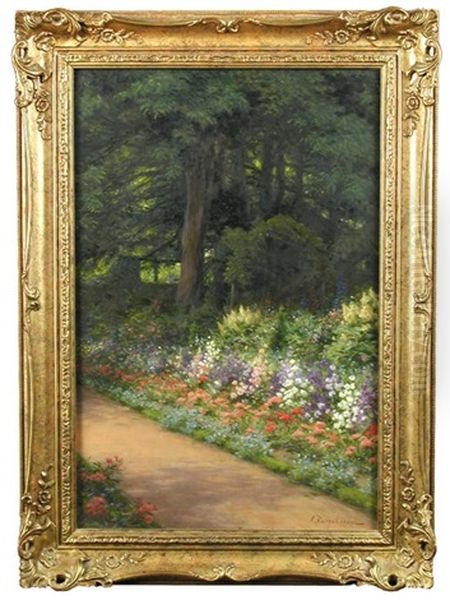 The Borders Of The Artist's Garden At Finzean, Aberdeenshire, With Canterbury Bells And Geraniums Oil Painting by Joseph Farquharson