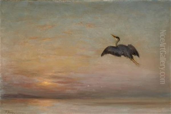 Heron In Flight - Sunset Oil Painting by Joseph Farquharson