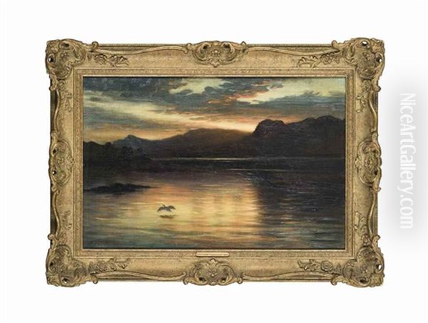 Lone Flight Over The Loch At Sunset Oil Painting by Joseph Farquharson