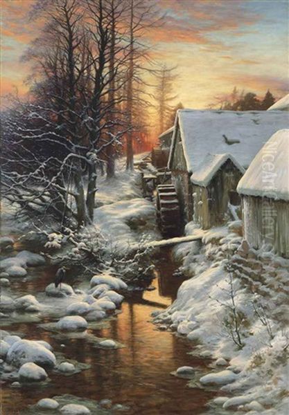 Silence Of The Snow, Bucket Mill On The Feugh, Finzean Oil Painting by Joseph Farquharson