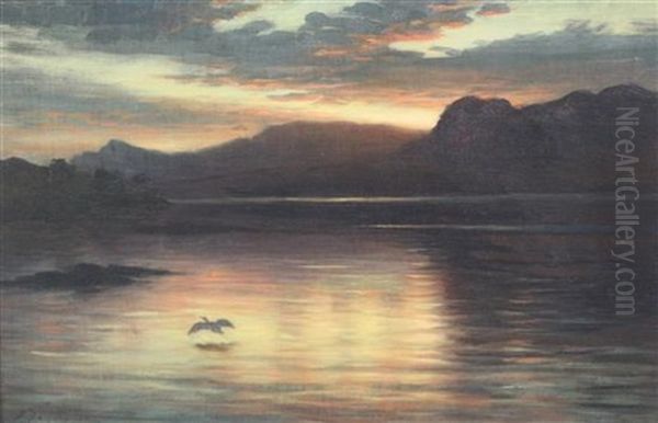 Sunset Over A Loch With A Heron In Flight Oil Painting by Joseph Farquharson