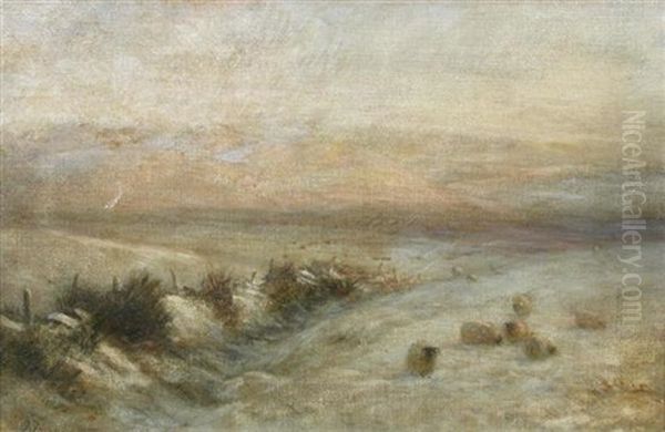 Sheep In The Snow At Sunset Oil Painting by Joseph Farquharson