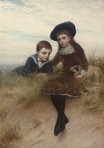 Portrait Of Roland Stephen Astley Kennard And Laura Kennard With A Pug Seated On A Sand Dune, The Sea Beyond Oil Painting by Joseph Farquharson