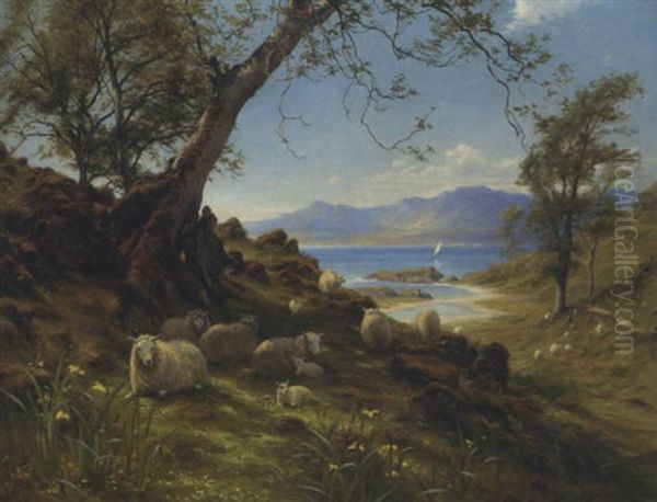 Sheep In A Springtime Landscape Oil Painting by Joseph Farquharson