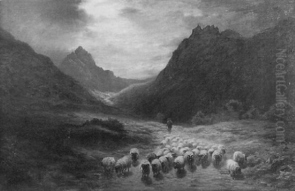 Herder And Sheep In Valley Oil Painting by Joseph Farquharson