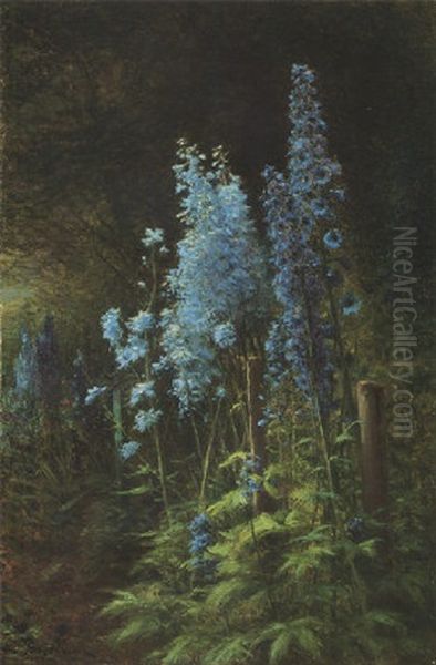 Delphiniums In A Wooded Landscape Oil Painting by Joseph Farquharson