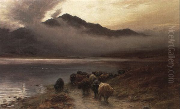 Cattle On A Highland Drove Road Oil Painting by Joseph Farquharson