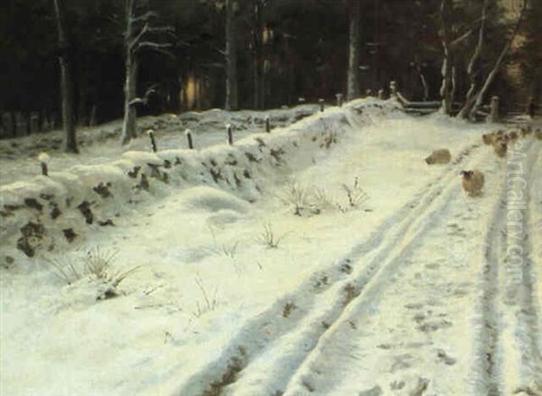 Sheep In A Winter Lane Oil Painting by Joseph Farquharson