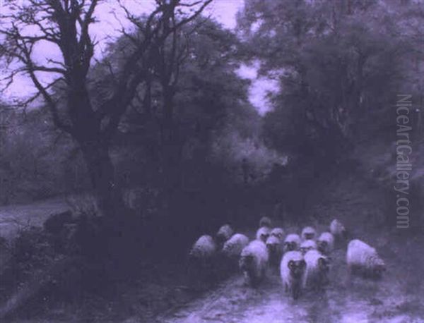 Shepherd Driving Sheep On A Woodland Lane by Joseph Farquharson