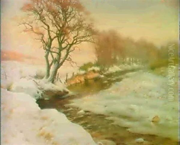 Sheep By A River, Winter Oil Painting by Joseph Farquharson