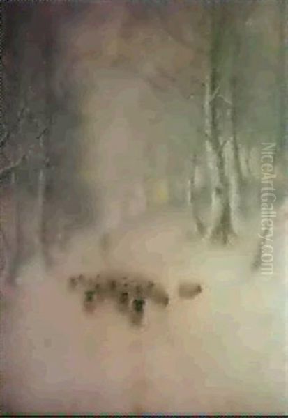 Sheep On A Snow Bound Road Oil Painting by Joseph Farquharson