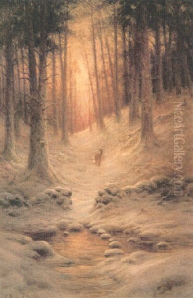 A Faun In A Winter Landscape Oil Painting by Joseph Farquharson