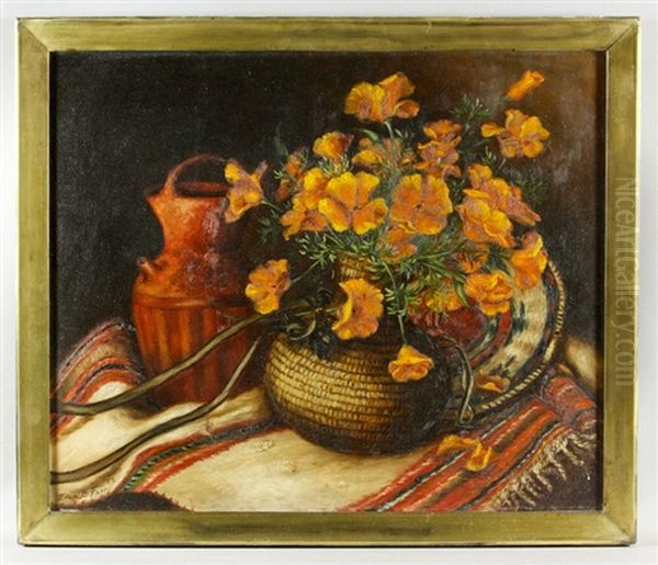 Poppies In American Indian Basket With Urn And Blanket Oil Painting by Ellen Francis Burpee Farr