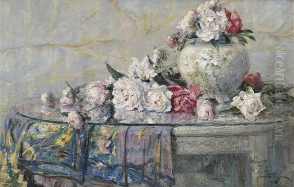 Roses On A Glass Table Oil Painting by Henri Farre