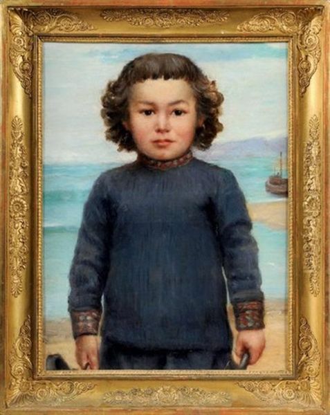 Portrait D'un Enfant Sur La Plage Oil Painting by Henri Farre