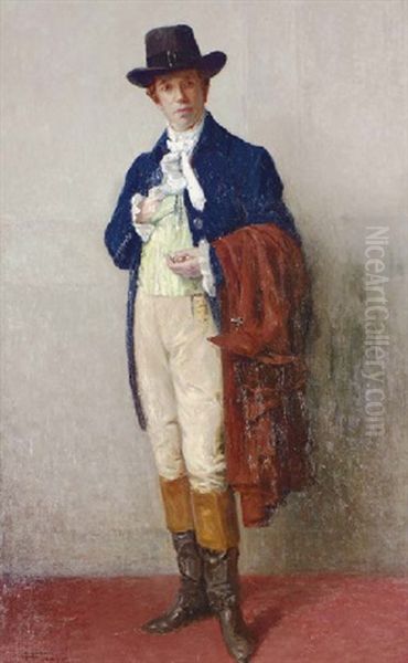 Portrait Of A Gentleman In A Striped Vest, Riding Boots And Hat by Henri Farre