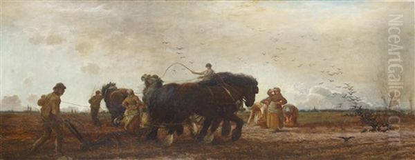 Ploughing, Figures And Horses At Work In A Field Oil Painting by Robert B. Farren