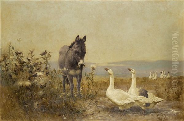 Donkey And Geese Oil Painting by Robert B. Farren