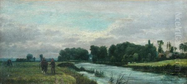 The River Cam With A Horseman And A Heavy Horse Going Along The Towpath Oil Painting by Robert B. Farren