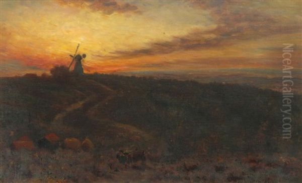 Sunset On The Surrey Hills Oil Painting by Thomas Charles Farrer