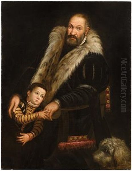 Portrait Of A Gentleman And A Child With A Dog Oil Painting by Giovanni Antonio Fasolo