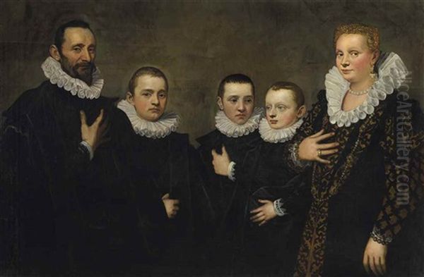 Portrait Of An Aristocratic Family, Possibly Francesco Trento With His Wife And Sons Oil Painting by Giovanni Antonio Fasolo