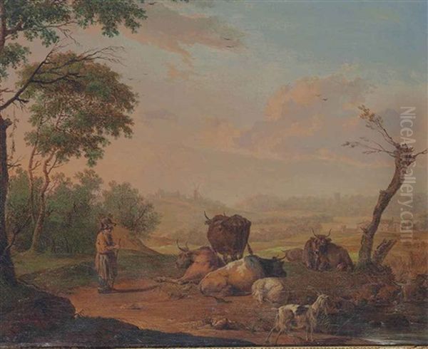 A Young Herdsman Watering His Cattle And Goats, A Village And Windmill Beyond Oil Painting by Nicholas Henri Joseph Fassin