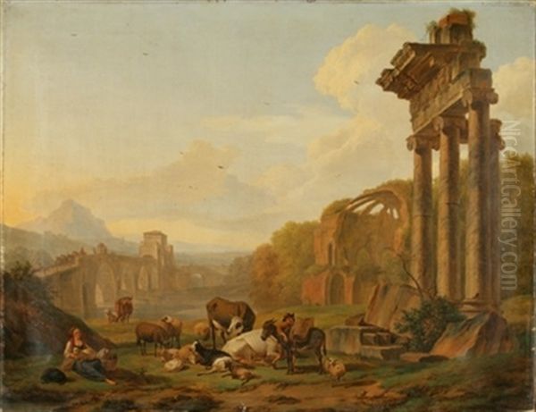 Bergers Et Troupeau Dans Un Paysage Italianisant Avec Ruines Oil Painting by Nicholas Henri Joseph Fassin