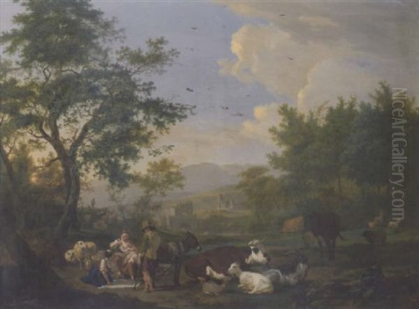 A Shepherd And His Family Resting Amongst Their Livestock In A Wooded Landscape With A Bridge Over A River Beyond Oil Painting by Nicholas Henri Joseph Fassin