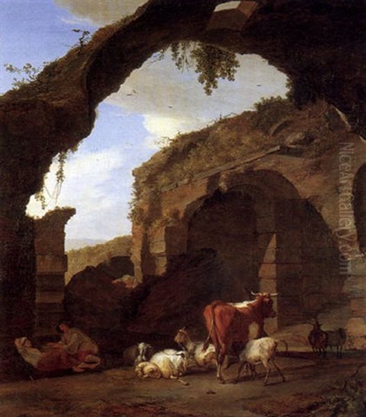 Bergers Gardant Leur Betail Dans Les Ruines Du Colisee Oil Painting by Nicholas Henri Joseph Fassin