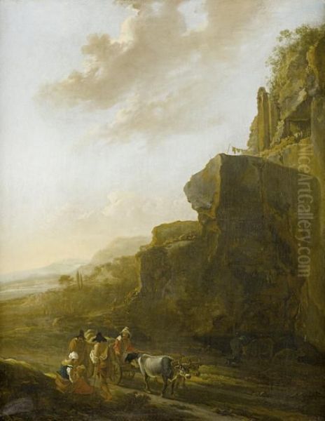 A Rocky Landscape With Four Figures Conversing In The Foreground Oil Painting by Jan Asselyn