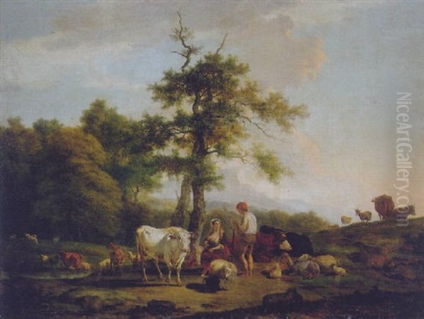 A Cowherd And A Shepherdess On A Riverbank, In An Italianate Landscape Oil Painting by Nicholas Henri Joseph Fassin