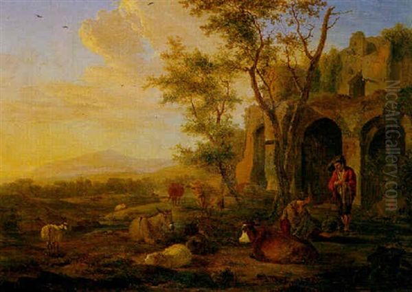 Sudliche Landschaft Mit Ruinen Und Hirtenpaar Oil Painting by Nicholas Henri Joseph Fassin