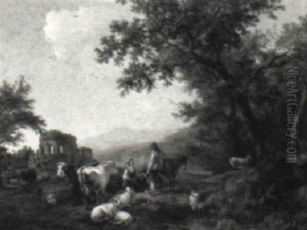 Peasant Couple With Donkey, Dog, Cows, Goats And Sheep In A Landscape Oil Painting by Nicholas Henri Joseph Fassin