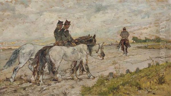 Three Soldiers Riding In An Estuary Oil Painting by Giovanni Fattori