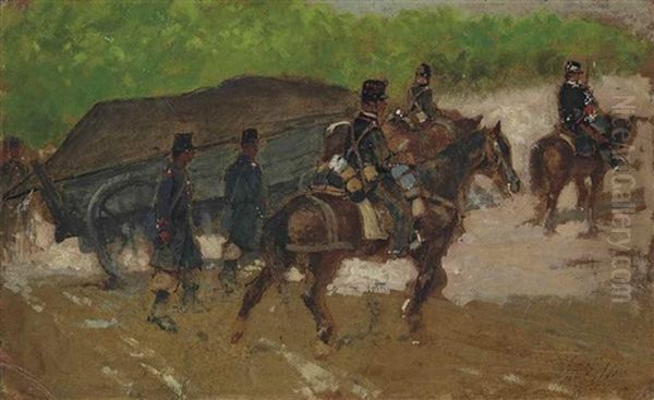 Traino Con Soldati Oil Painting by Giovanni Fattori