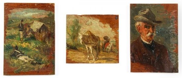 Soldiers, Portrait Of A Man, And Horses (3 Works) Oil Painting by Giovanni Fattori