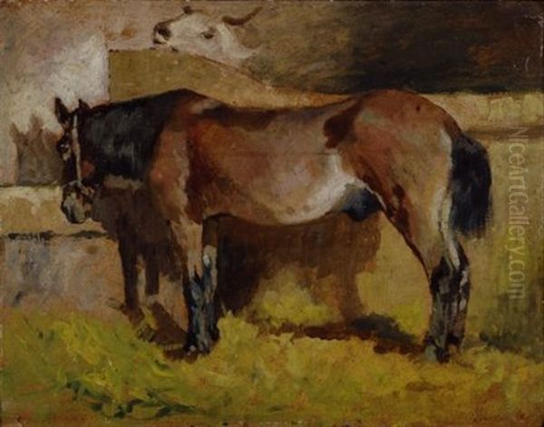 Cavallo Nella Stalla E Mucchina (cavallo Alla Mangiatoia) Oil Painting by Giovanni Fattori